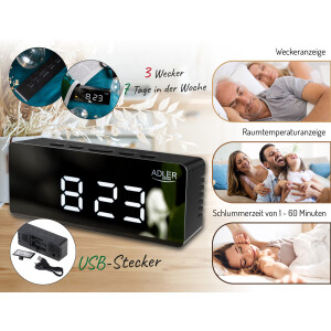 Adler AD 1189b Wecker, 3 Modi, LED-Display, Temperaturanzeige