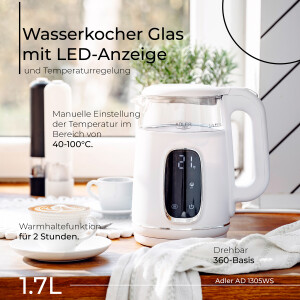 Adler AD 1305ws Wasserkocher 1,7L mit Temperatureinstellung weiß / silber