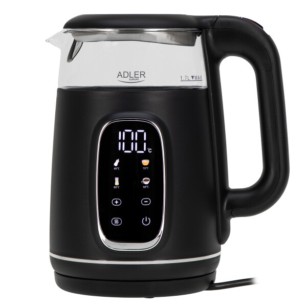 Adler AD 1305bs Wasserkocher Glas, LED-Anzeige, Temperaturreglung, 1,7L schwarz/silber 2200W