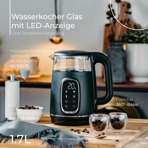 Adler AD 1305bs Wasserkocher Glas, LED-Anzeige, Temperaturreglung, 1,7L schwarz/silber 2200W