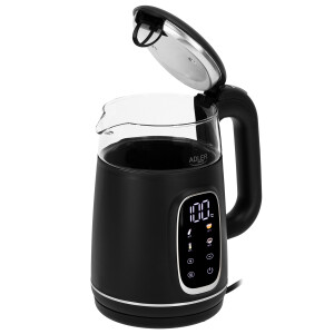 Adler AD 1305bs Wasserkocher Glas, LED-Anzeige, Temperaturreglung, 1,7L schwarz/silber 2200W