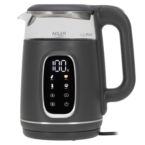 Adler AD 1305gs Wasserkocher Glas, LED-Anzeige, Temperaturreglung, 1,7L grau/silber 2200W