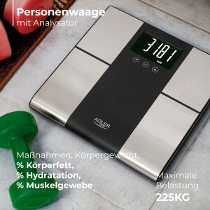 Adler AD 8165 digitale Personenwaage Körperanalysewaage bis 225 kg silber / schwarz