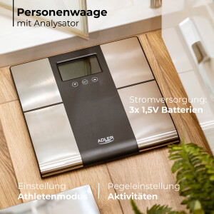 Adler AD 8165 digitale Personenwaage Körperanalysewaage bis 225 kg silber / schwarz