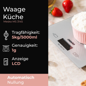 Mesko MS 3145 Elektronische Küchenwaage bis 5 kg silber