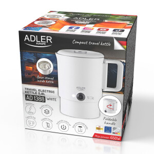 Adler AD 1388w Reise-Wasserkocher weiß 0,8L 650W klappb. Griff verstaubarer Sockel