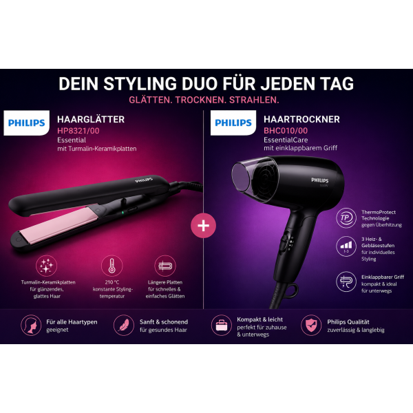 Philips Haarglätter HP8321/00 + Föhn BHC010/00 kompakt Set Turmalin Keramik
