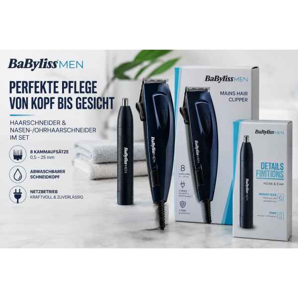 BaByliss E695E Haarschneider Set mit Netzbetrieb + BaByliss E650E Nasen-/Ohrtrimmer
