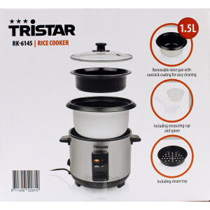 Tristar RK-6145 Reiskocher mit Dampfeinsatz 1,5L Edelstahl/Schwarz 500W